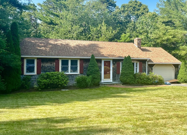 12 Pine Ter, East Sandwich, MA 02537 - ranch-style house with a garage, a chimney, a front yard, and a shingled roof