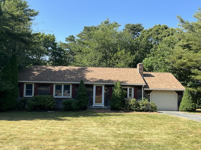 12 Pine Ter, East Sandwich, MA 02537 - ranch-style home featuring an attached garage, a front yard, asphalt driveway, a chimney, and roof with shingles