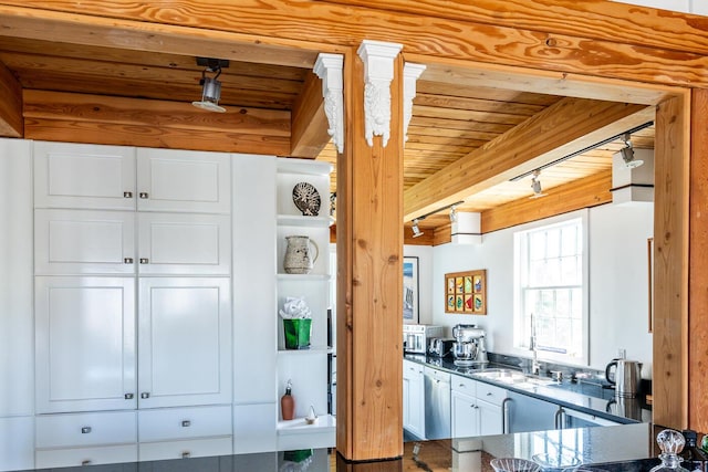 11 Allyn Ln, Barnstable, MA 02630 - kitchen with beamed ceiling, white cabinets, wood ceiling, dishwasher, and a sink