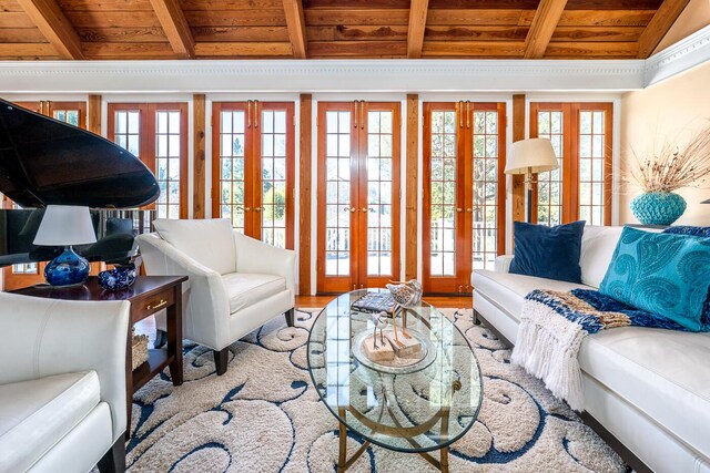 11 Allyn Ln, Barnstable, MA 02630 - living room with vaulted ceiling with beams, french doors, wooden ceiling, and wood finished floors