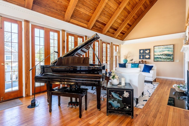 11 Allyn Ln, Barnstable, MA 02630 - living area featuring high vaulted ceiling, hardwood / wood-style floors, wooden ceiling, baseboards, and beam ceiling