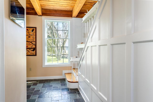 11 Allyn Ln, Barnstable, MA 02630 - mudroom featuring beamed ceiling, stone tile floors, baseboards, and wooden ceiling