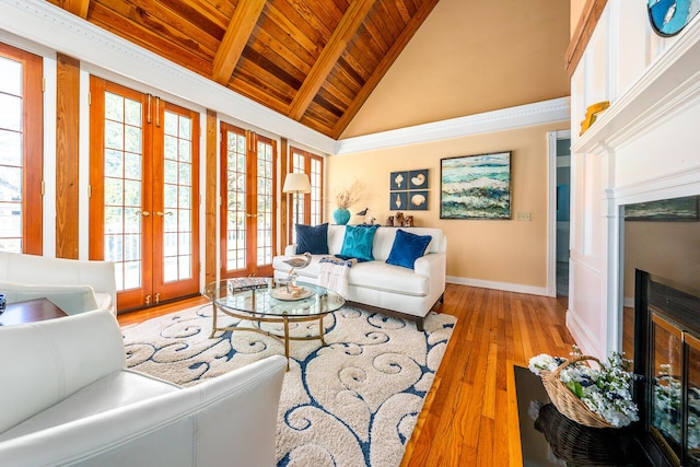 11 Allyn Ln, Barnstable, MA 02630 - living area featuring baseboards, wooden ceiling, beam ceiling, light wood finished floors, and french doors