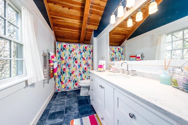 11 Allyn Ln, Barnstable, MA 02630 - bathroom featuring baseboards, wooden ceiling, toilet, vanity, and vaulted ceiling with beams