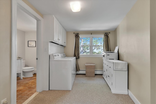 194 John Joseph Rd, Harwich, MA 02645 - laundry room featuring cabinet space, baseboard heating, and washing machine and dryer