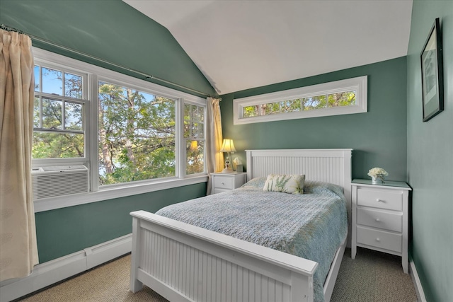 194 John Joseph Rd, Harwich, MA 02645 - carpeted bedroom featuring vaulted ceiling, baseboard heating, multiple windows, and cooling unit