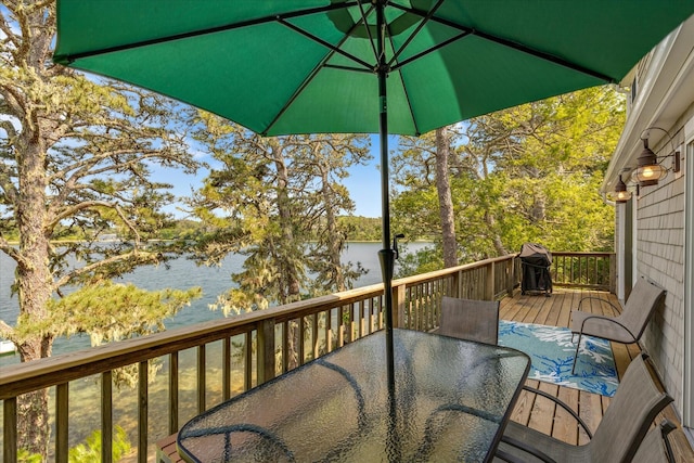 194 John Joseph Rd, Harwich, MA 02645 - balcony featuring a deck with water view, outdoor dining area, area for grilling, and view of wooded area