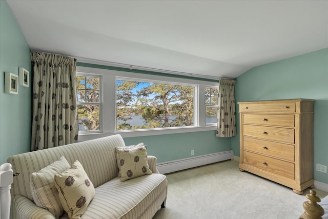 194 John Joseph Rd, Harwich, MA 02645 - living area featuring a baseboard radiator, healthy amount of natural light, light carpet, and lofted ceiling