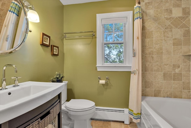 194 John Joseph Rd, Harwich, MA 02645 - bathroom featuring a baseboard heating unit, tile patterned flooring, vanity, and shower / bath combination with curtain
