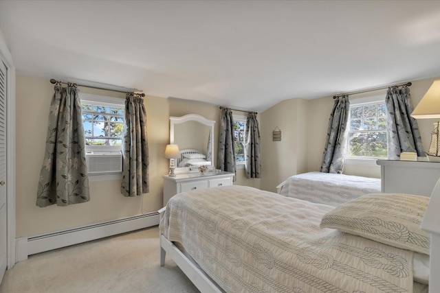 194 John Joseph Rd, Harwich, MA 02645 - bedroom featuring baseboard heating, multiple windows, cooling unit, and light carpet