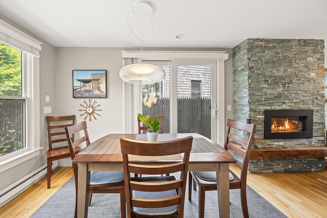 10 Seashore Park Dr Unit Ugg, Provincetown, MA 02657 - dining area featuring wood finished floors, a baseboard heating unit, and a fireplace