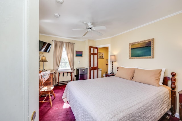 bedroom with ceiling fan, crown molding, and dark colored carpet