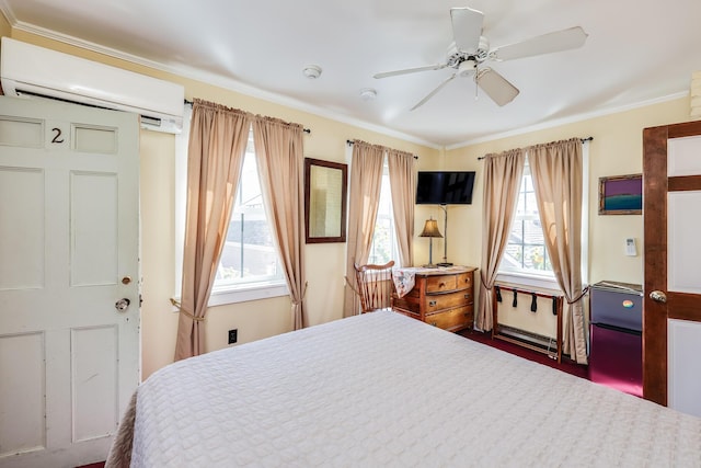 bedroom with a baseboard radiator, a wall mounted air conditioner, ceiling fan, and ornamental molding