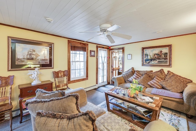 carpeted living room with crown molding, baseboard heating, ceiling fan, and wood ceiling