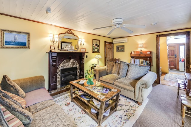 living room featuring light carpet, crown molding, a wall unit AC, and wood ceiling