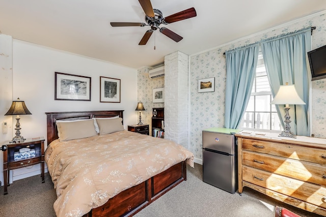 bedroom with stainless steel fridge, ceiling fan, carpet flooring, an AC wall unit, and ornamental molding