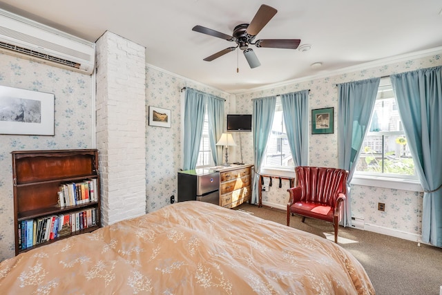 carpeted bedroom featuring ceiling fan, baseboard heating, crown molding, and a wall unit AC