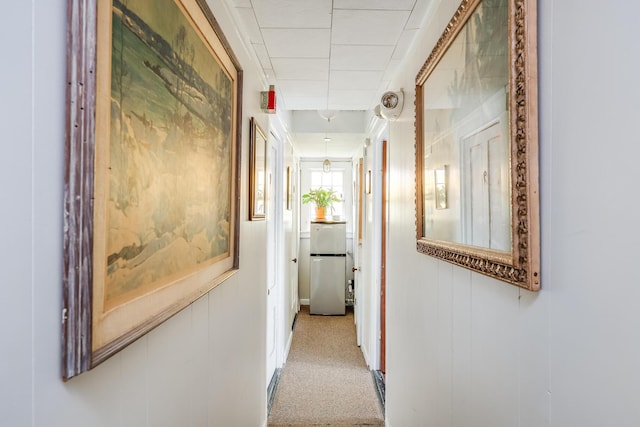 hall with light colored carpet