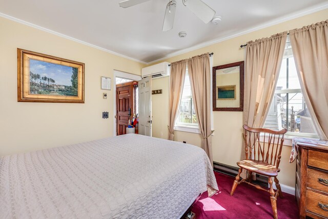 bedroom with crown molding, multiple windows, a wall unit AC, and ceiling fan