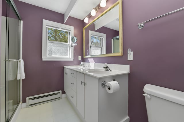 bathroom with vanity, toilet, a baseboard heating unit, and a shower with door