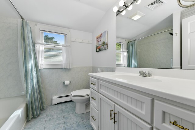 full bathroom featuring shower / tub combo with curtain, tile walls, a baseboard radiator, tile patterned floors, and lofted ceiling