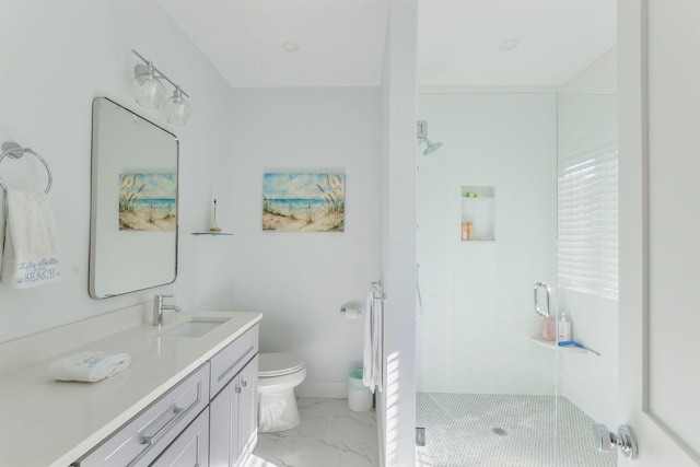 full bath with a shower stall, baseboards, marble finish floor, toilet, and vanity