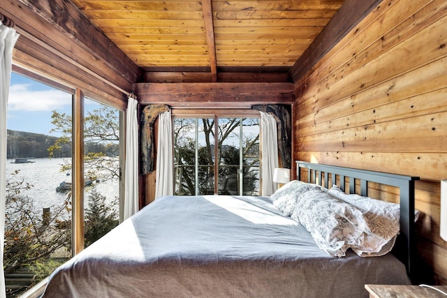 bedroom with wood walls, multiple windows, wooden ceiling, and beamed ceiling