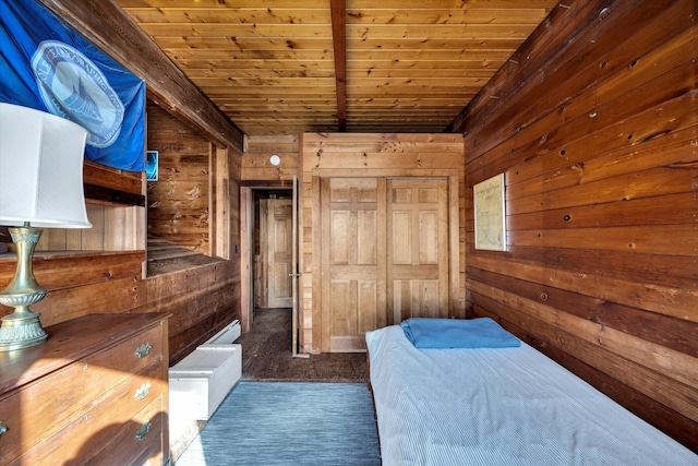 carpeted bedroom featuring wood walls, wood ceiling, and beamed ceiling