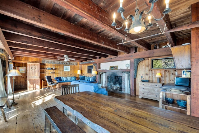 dining area featuring a fireplace, wooden ceiling, wooden walls, beam ceiling, and hardwood / wood-style flooring