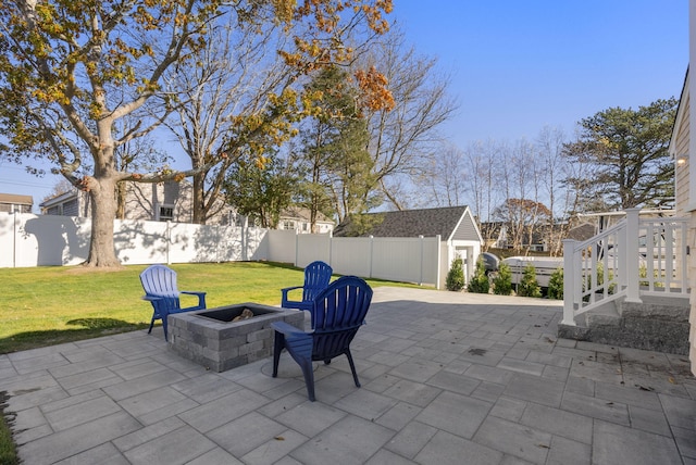 view of patio featuring a fenced backyard and a fire pit