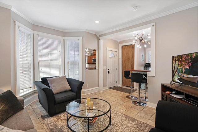 tiled living room featuring ornamental molding and a chandelier