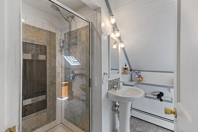 bathroom featuring baseboard heating, walk in shower, tasteful backsplash, and vaulted ceiling