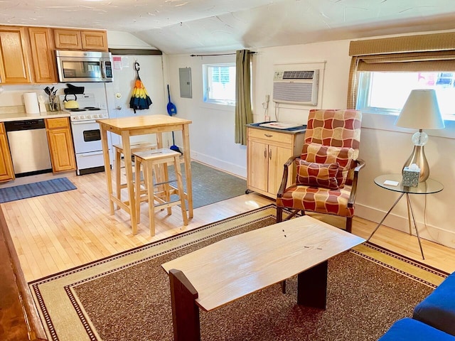 kitchen with appliances with stainless steel finishes, a wall mounted air conditioner, light hardwood / wood-style flooring, vaulted ceiling, and electric panel