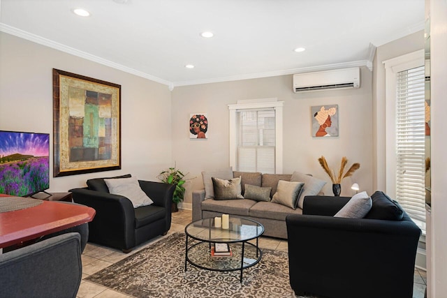 living room with light tile patterned flooring, crown molding, and a wall mounted air conditioner