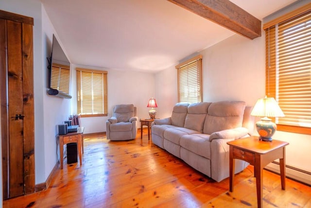 12 Tree Top Ln, East Falmouth, MA 02536 - living area featuring hardwood / wood-style floors, beamed ceiling, and a baseboard radiator