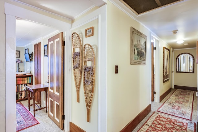 hallway with carpet floors and crown molding