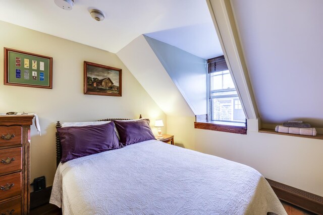 bedroom featuring lofted ceiling