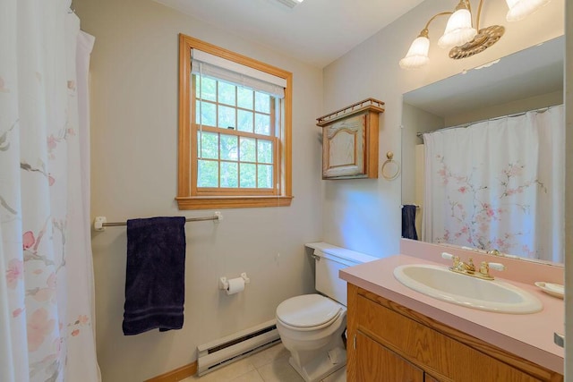 31 Woodridge Rd, East Sandwich, MA 02537 - bathroom with a baseboard radiator, vanity, toilet, baseboards, and tile patterned floors
