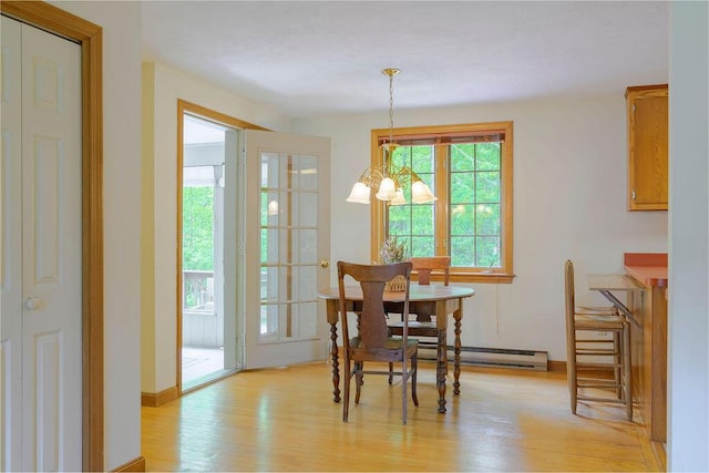 31 Woodridge Rd, East Sandwich, MA 02537 - dining area with baseboard heating, light wood-type flooring, and a chandelier