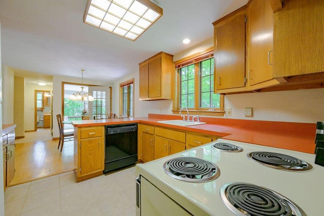 31 Woodridge Rd, East Sandwich, MA 02537 - kitchen with a sink, white electric stove, dishwasher, a peninsula, and a chandelier
