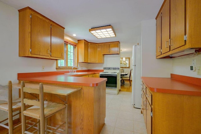 31 Woodridge Rd, East Sandwich, MA 02537 - kitchen featuring white appliances, a sink, a peninsula, light countertops, and brown cabinets