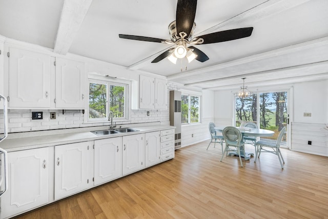 190 Meadow Ave W, Wellfleet, MA 02667 - kitchen with beam ceiling, white cabinets, backsplash, light wood-type flooring, and light countertops