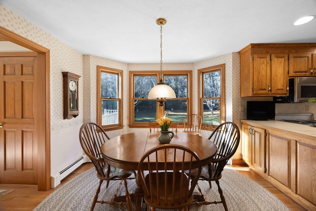 dining space featuring a baseboard radiator and light hardwood / wood-style floors