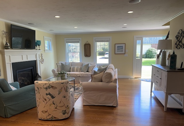 31 Seatucket Rd, East Falmouth, MA 02536 - living area featuring crown molding, a glass covered fireplace, wood finished floors, baseboards, and recessed lighting
