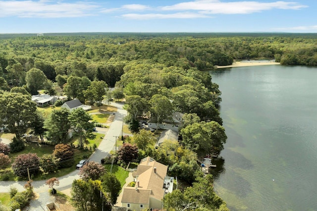 aerial view featuring a water view and a wooded view