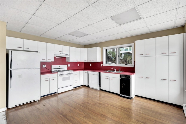 kitchen featuring light wood-style floors, white cabinetry, a sink, white appliances, and under cabinet range hood