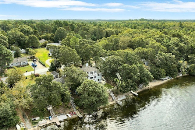 bird's eye view featuring a water view and a wooded view