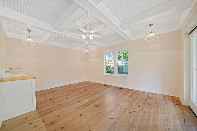 empty room featuring coffered ceiling, light hardwood / wood-style flooring, and beamed ceiling