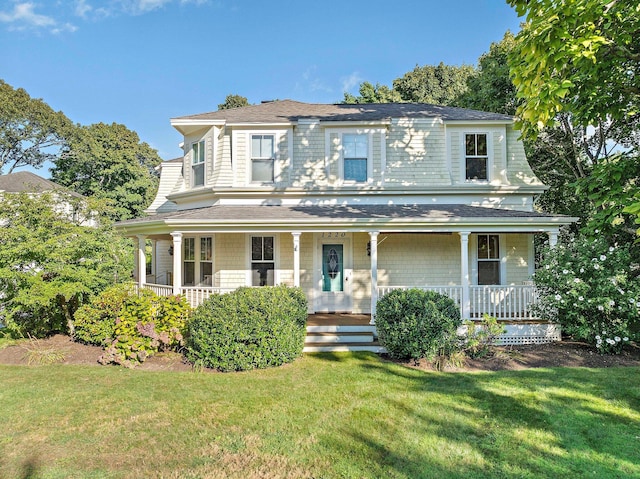 view of front of property with covered porch and a front lawn