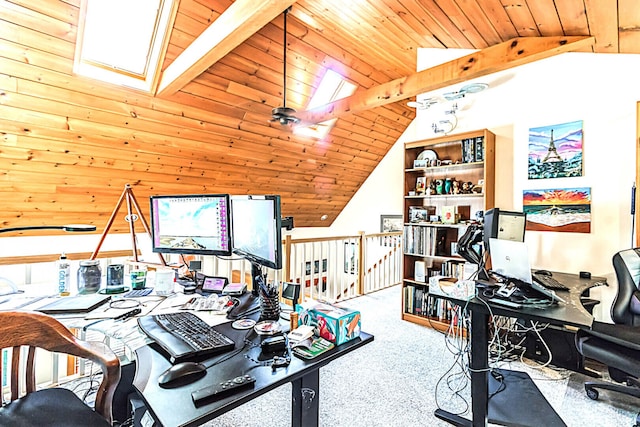 carpeted office with vaulted ceiling with skylight and wood ceiling